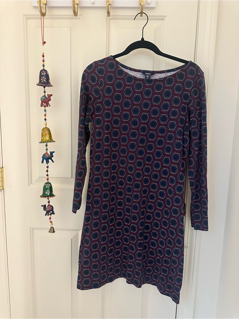 Hatley Navy and Burgundy Hexagon-Print Long Sleeve Dress